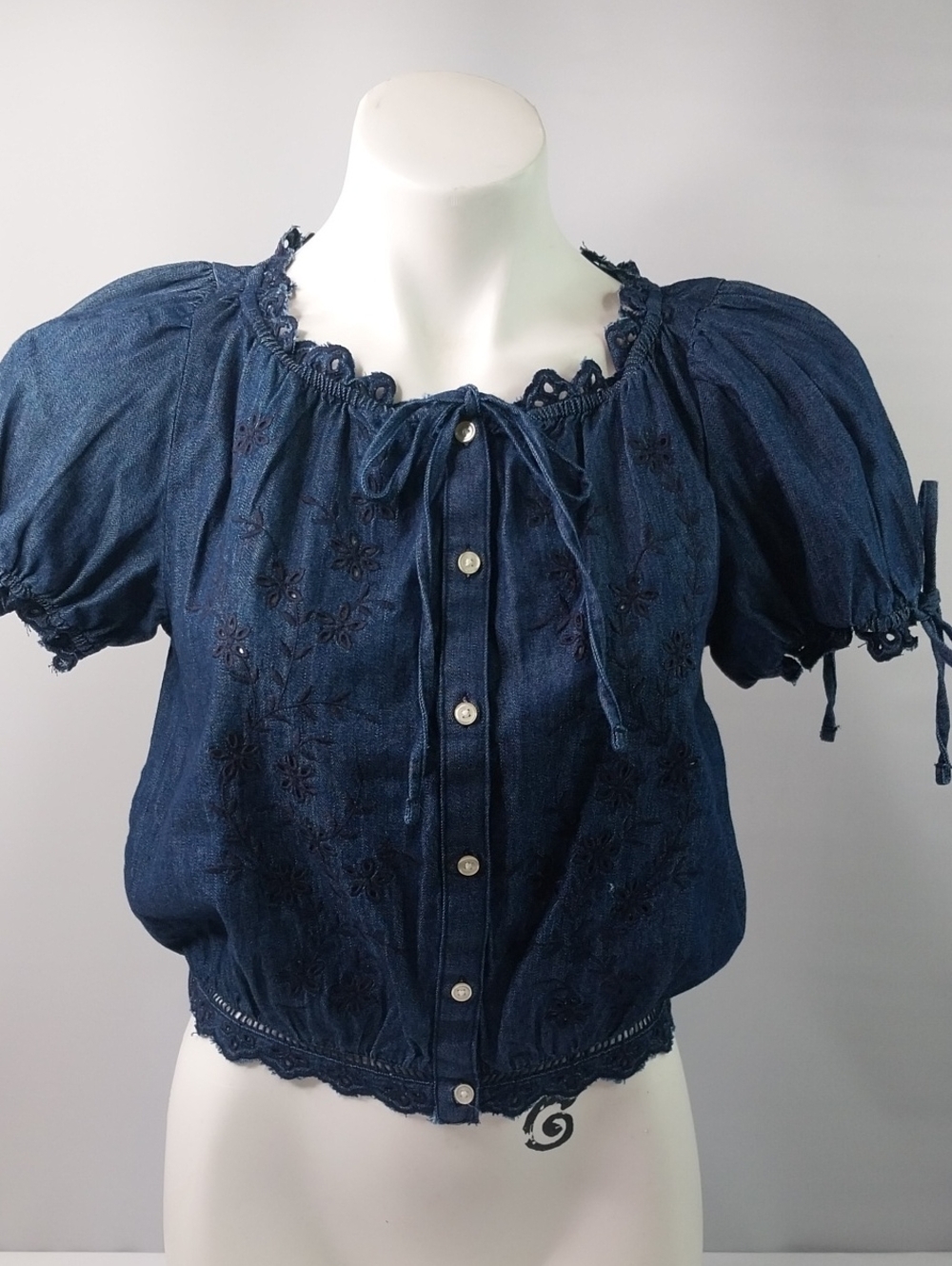 Women's Dark Blue Embroidered Button-Front Peasant Free Assembly Top.